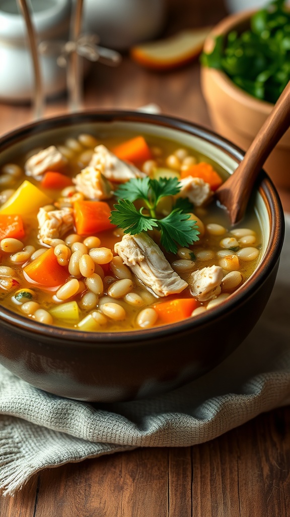 Hearty chicken and barley soup with vegetables, garnished with parsley, in a cozy kitchen setting.