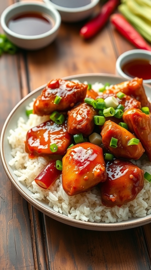 A delicious serving of honey garlic chicken and rice, garnished with green onions, on a wooden table.