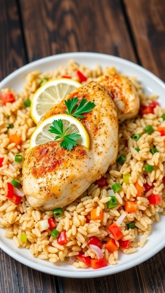 Lemon pepper baked chicken breast on rice pilaf, garnished with lemon and parsley, on a rustic table.