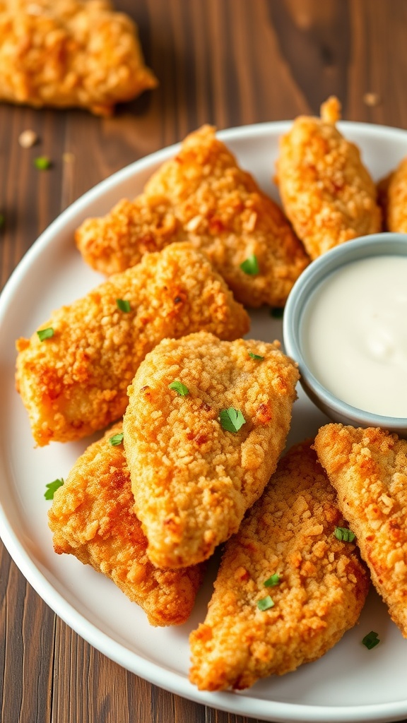 Crispy panko-crusted chicken tenders served with dipping sauce on a rustic wooden table.