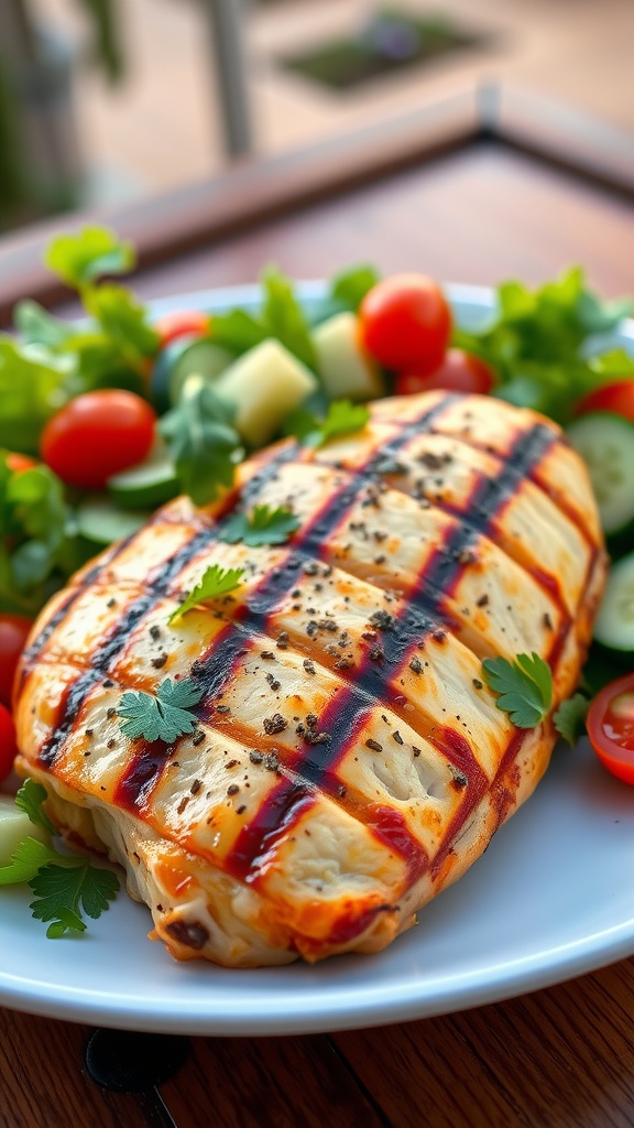 Grilled lemon oregano chicken on a plate, garnished with parsley and served with a salad.