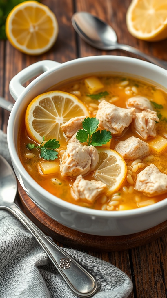 A bowl of lemon chicken orzo soup with chicken, orzo pasta, and lemon slices, garnished with parsley.