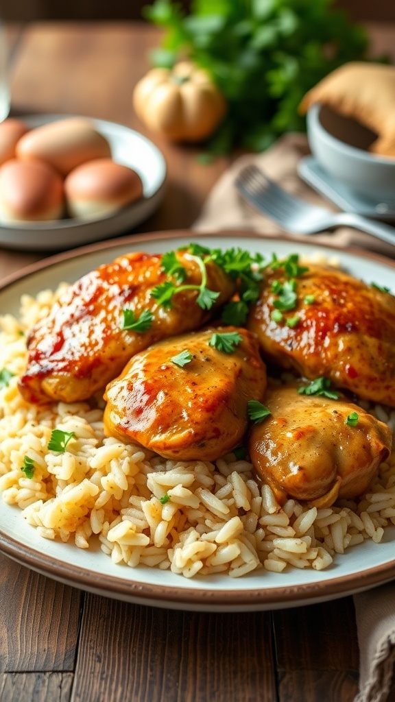 Garlic butter chicken and rice bake with golden chicken thighs and fluffy rice, garnished with parsley.