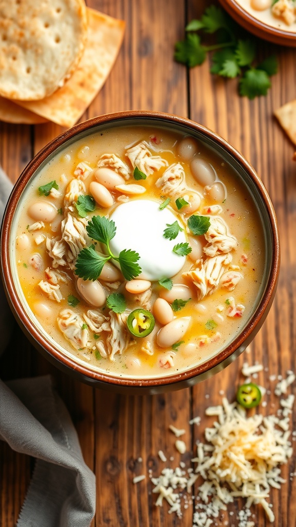 A bowl of creamy white chicken chili with cilantro and sour cream, showcasing chicken, beans, and chilies.