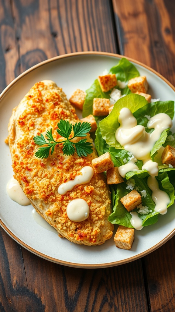 Crispy Parmesan crusted chicken breast with Caesar salad on a wooden table.