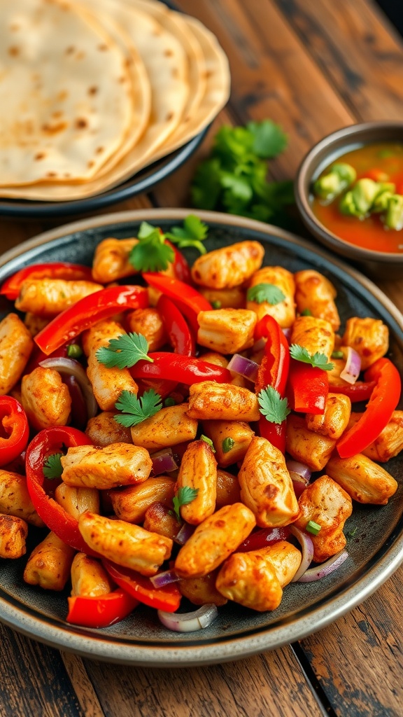 Spicy chicken fajitas with bell peppers and onions on a plate, accompanied by tortillas, guacamole, and salsa.