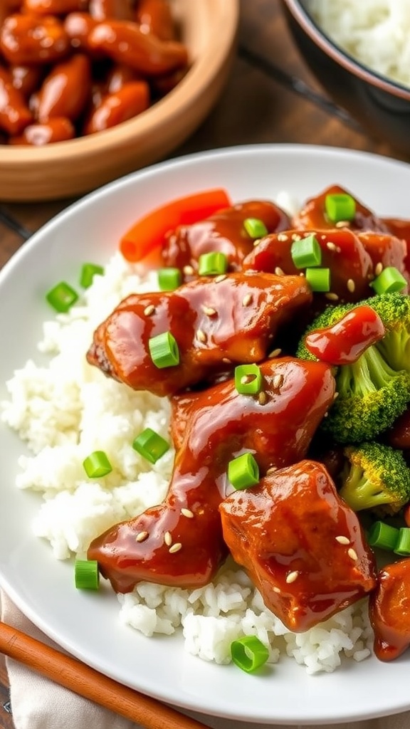 A delicious serving of teriyaki chicken with rice, garnished with sesame seeds and green onions.