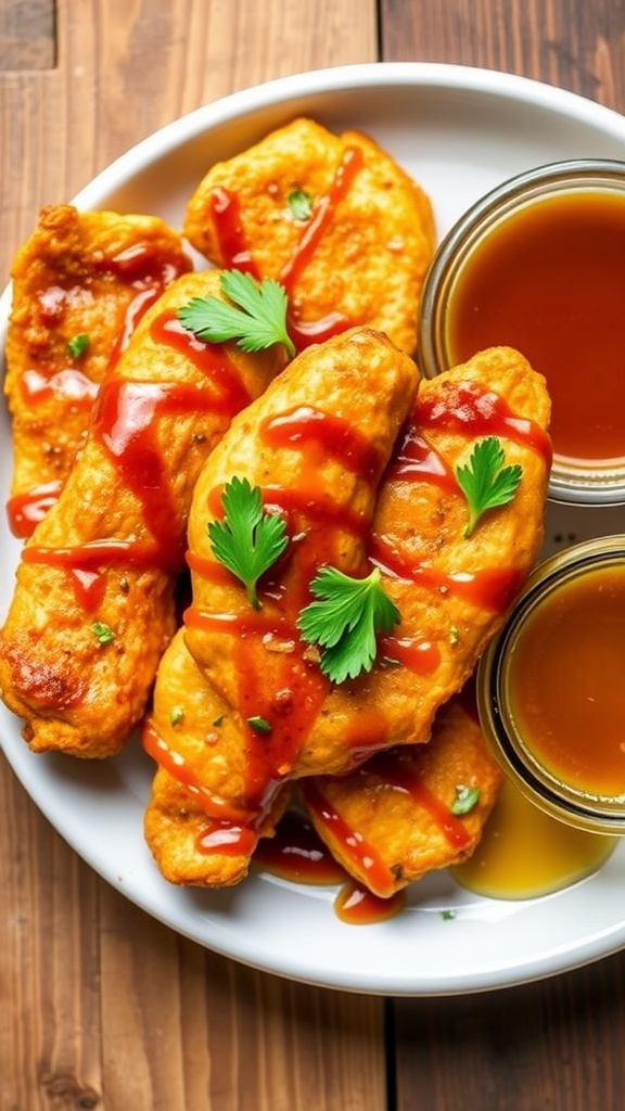 Honey butter glazed chicken tenders on a plate, garnished with parsley, with a bowl of honey on the side.