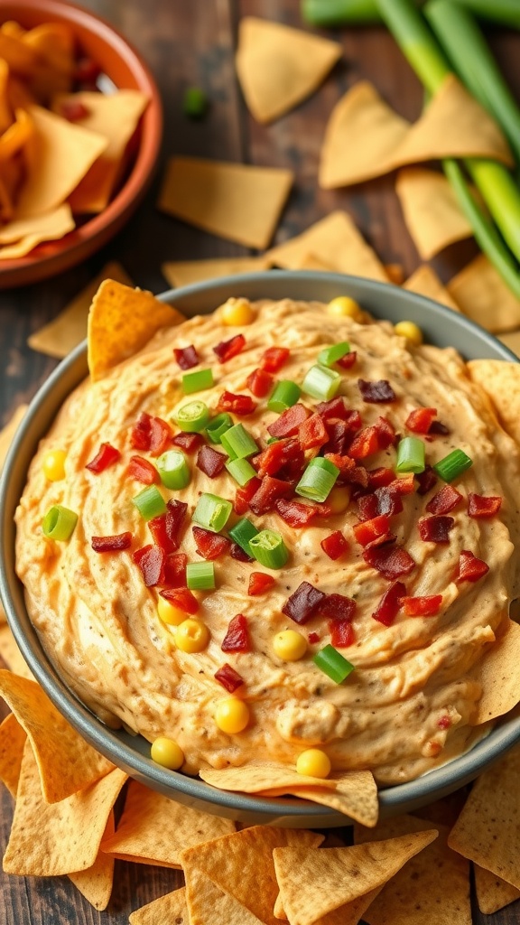 A delicious bowl of chipotle chicken and corn salsa dip with bacon and tortilla chips, perfect for appetizers.