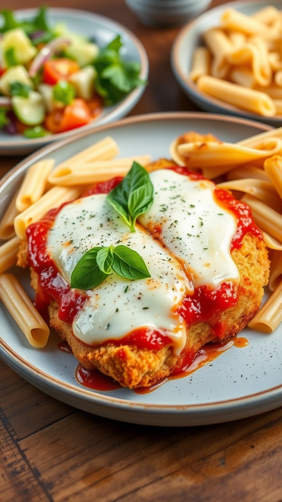 Crispy air fryer chicken parmesan with marinara sauce and mozzarella, served with pasta and salad.