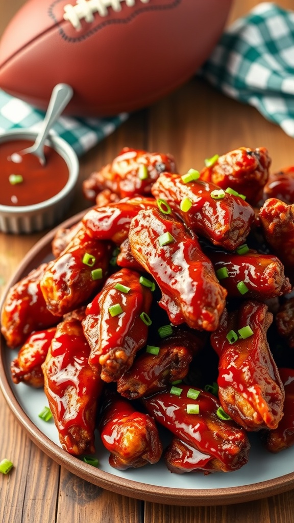 A delicious serving of smoky BBQ chicken wings with BBQ sauce and green onions on a rustic table, perfect for appetizers.