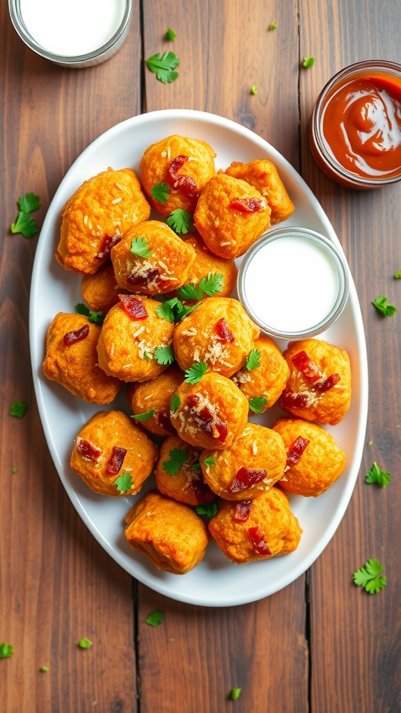 Crispy chicken bites wrapped in bacon served with dipping sauces on a wooden table.