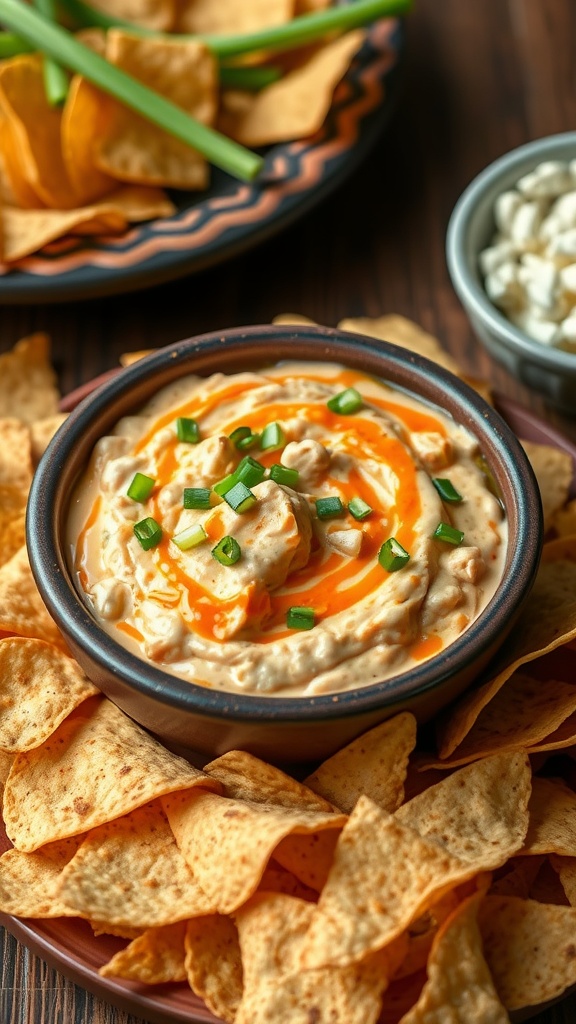 A creamy loaded buffalo ranch chicken dip with tortilla chips for dipping, garnished with green onions on a rustic wooden table.