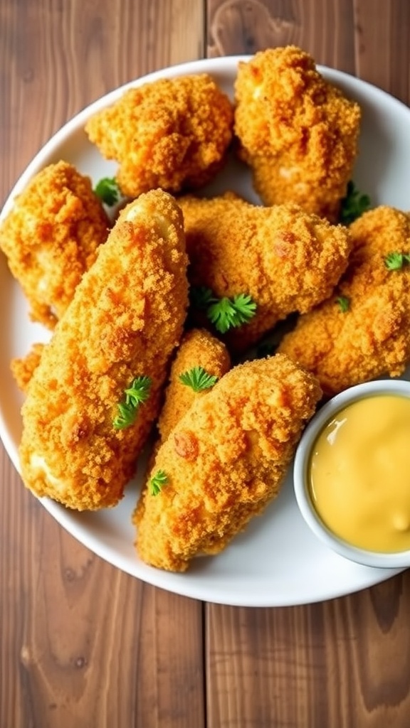 Crispy Cheddar and Pretzel-Crusted Chicken Tenders on a plate with dipping sauce.