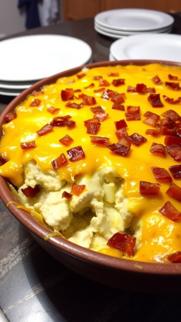 Cheesy Chicken Bacon Ranch Casserole topped with bacon and cheese in a rustic baking dish, set on a kitchen table.