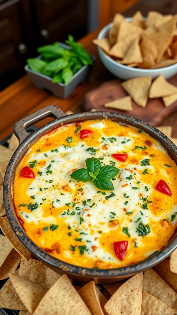 Baked pesto chicken and mozzarella dip in a dish with tortilla chips for dipping, garnished with basil.