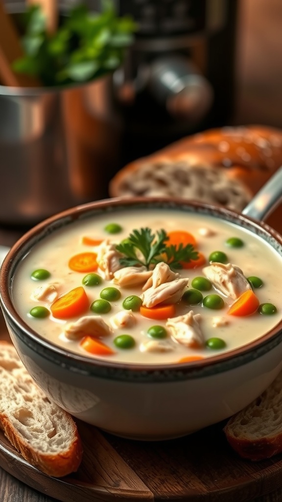 A warm bowl of chicken pot pie soup with chicken, carrots, peas, and parsley, served with bread on a cozy kitchen table.