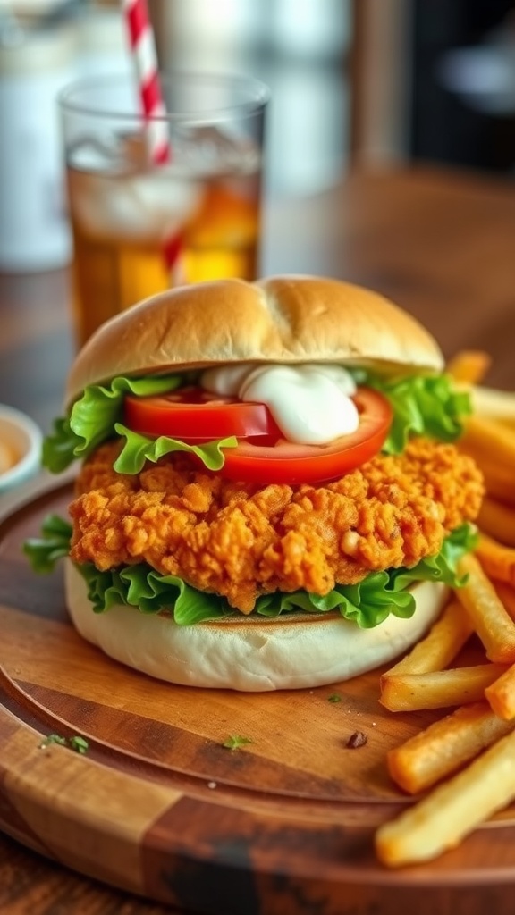 A crispy chicken sandwich with lettuce and tomato on a wooden plate, served with fries.