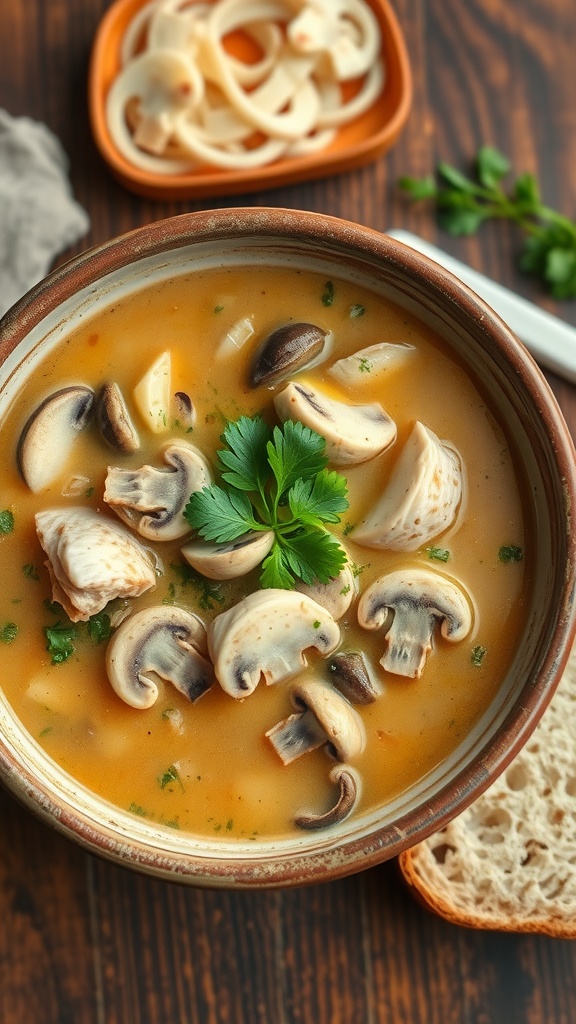 A bowl of creamy chicken mushroom soup with chicken and mushrooms, garnished with parsley, on a wooden table with bread.