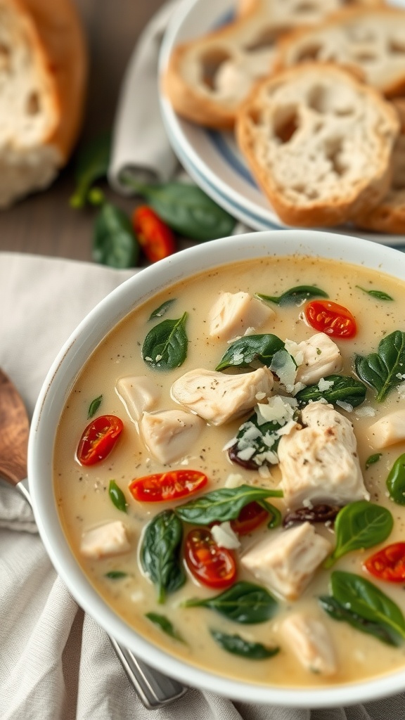 Creamy Tuscan chicken soup filled with chicken, spinach, and sun-dried tomatoes, garnished with Parmesan cheese.