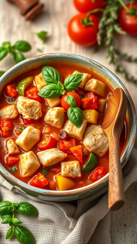 A hearty bowl of Italian chicken stew with chicken, vegetables, and basil in a cozy kitchen.