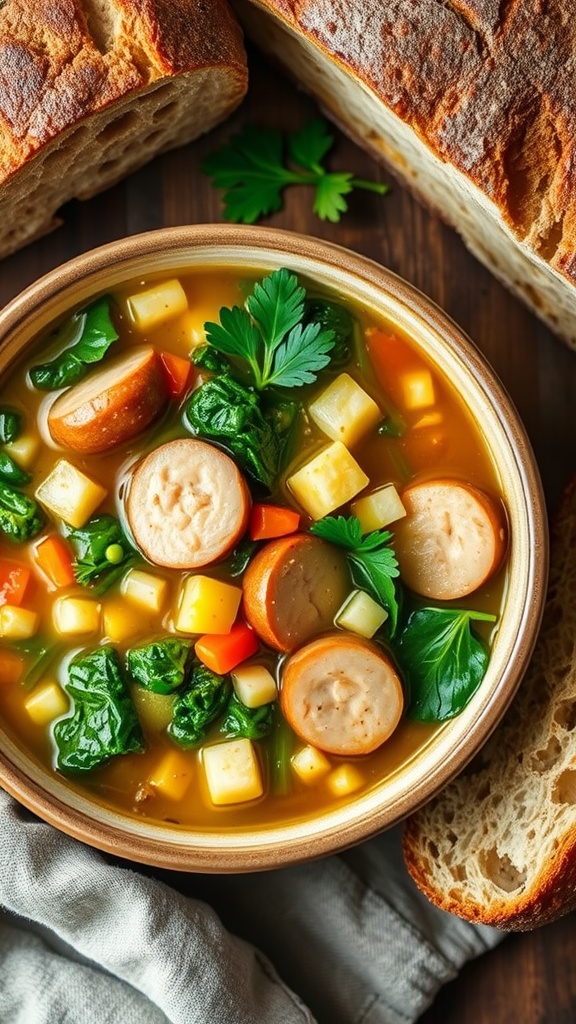 A hearty bowl of chicken sausage and kale soup filled with kale, sausage, and vegetables, garnished with parsley.