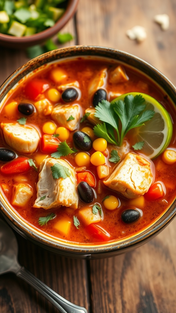 A hearty bowl of Spicy Southwest Chicken Soup with chicken, black beans, and corn, garnished with cilantro and lime.