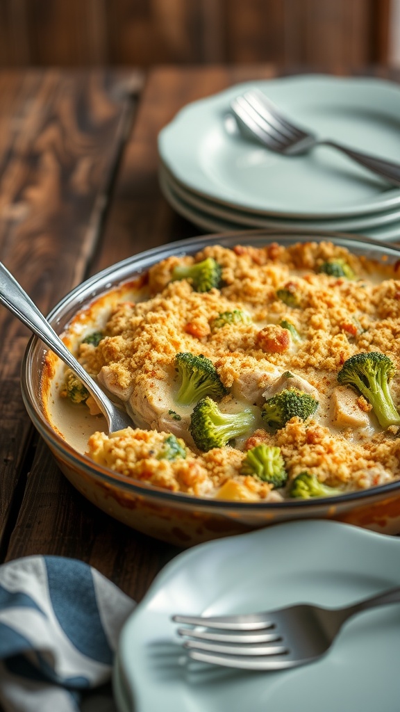 Creamy chicken and broccoli casserole topped with cheese and breadcrumbs, served in a rustic setting.