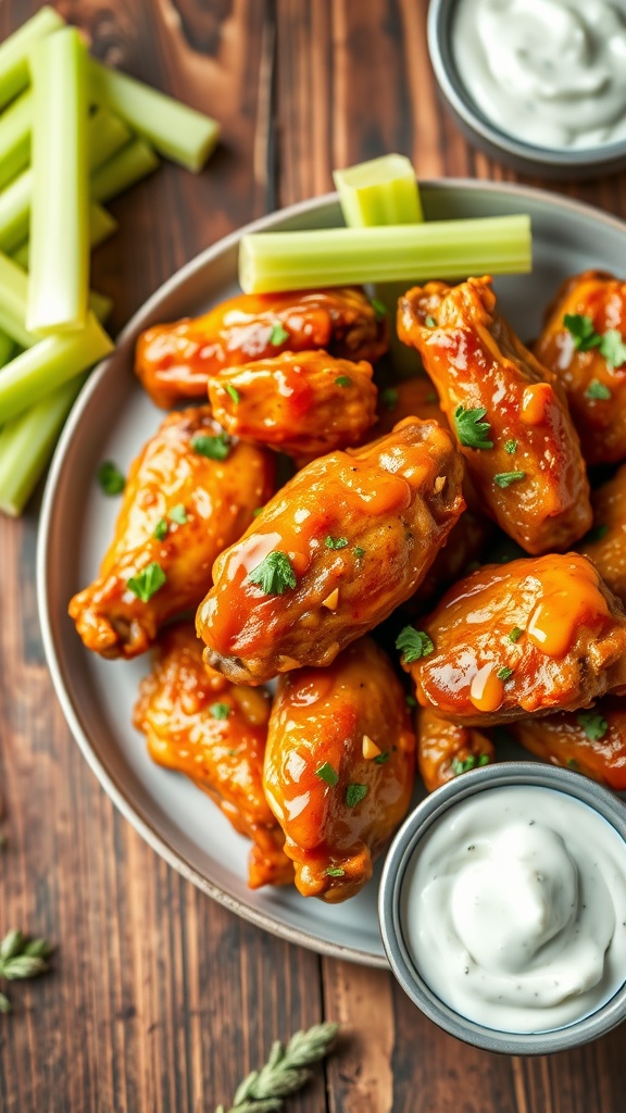 Crispy air fryer chicken wings served with celery and blue cheese dressing on a rustic wooden table.