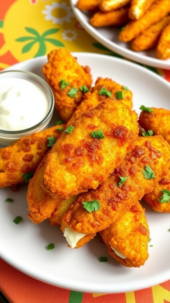 Crispy jalapeño popper chicken tenders on a plate with ranch sauce and cilantro.