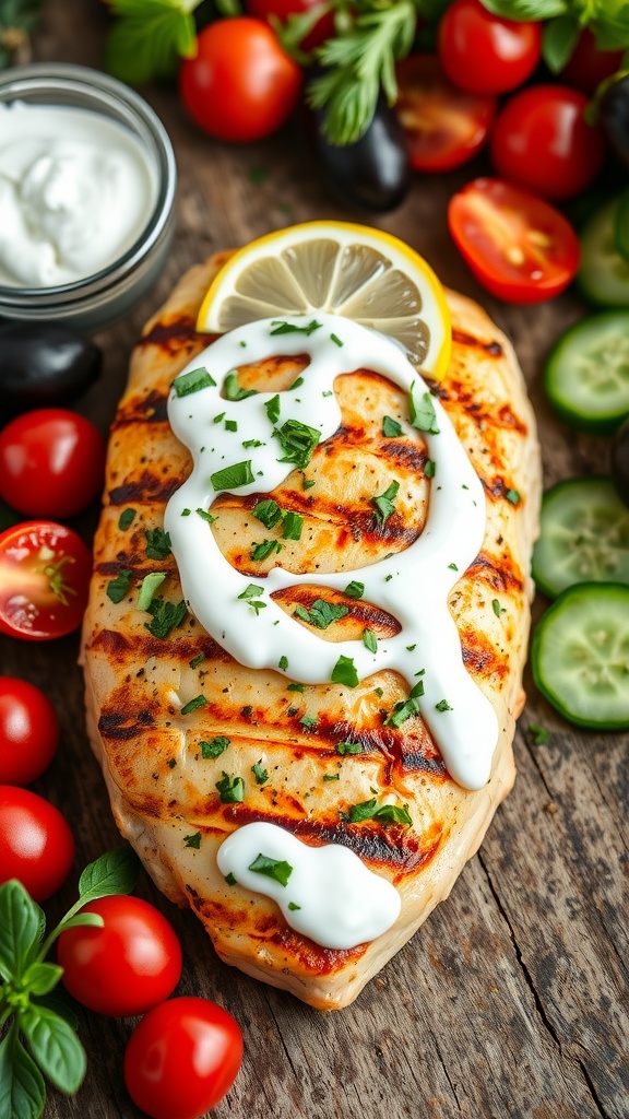 Grilled chicken breast marinated in Greek yogurt with herbs, served with Mediterranean vegetables.