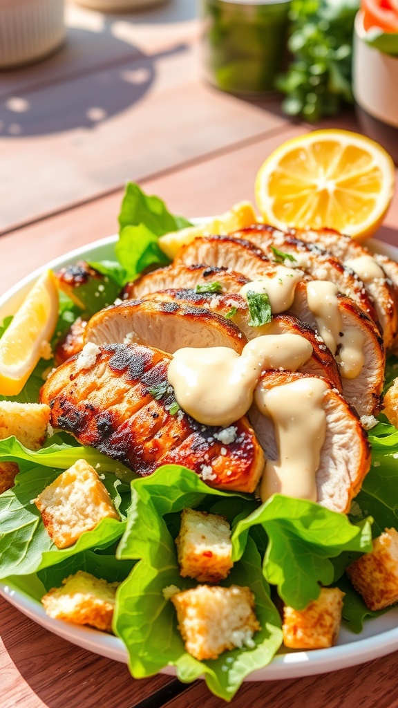 A colorful Grilled Chicken Caesar Salad with grilled chicken, romaine lettuce, croutons, and Parmesan cheese in a sunny outdoor setting.