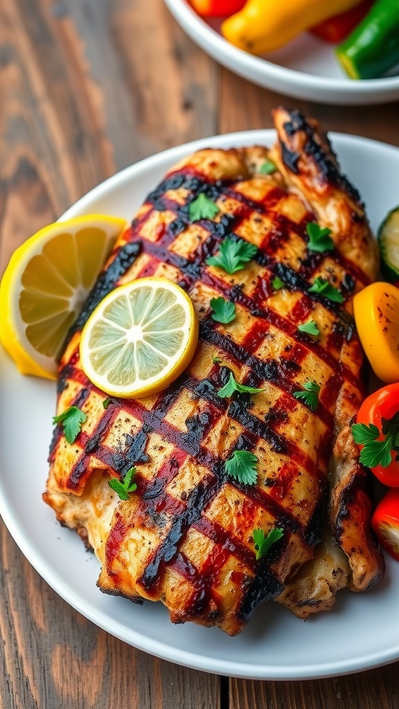 Grilled lemon herb chicken breast served with summer vegetables on a rustic table.