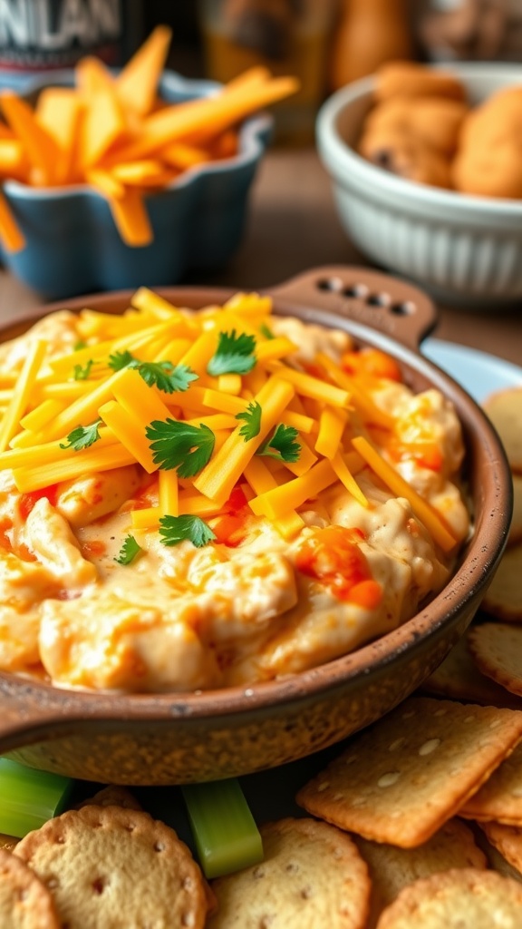 Keto Buffalo Chicken Dip in a bowl, garnished with cheese and parsley, served with celery sticks and low-carb crackers.