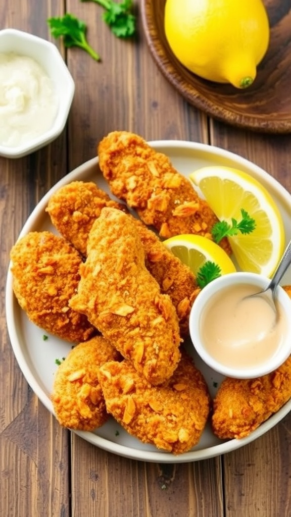 Crispy lemon pepper chicken tenders served with lemon wedges and dipping sauce on a rustic table.