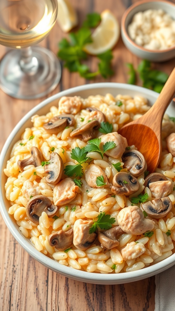 A bowl of creamy chicken and mushroom risotto garnished with parsley, with a wooden spoon ready to serve.