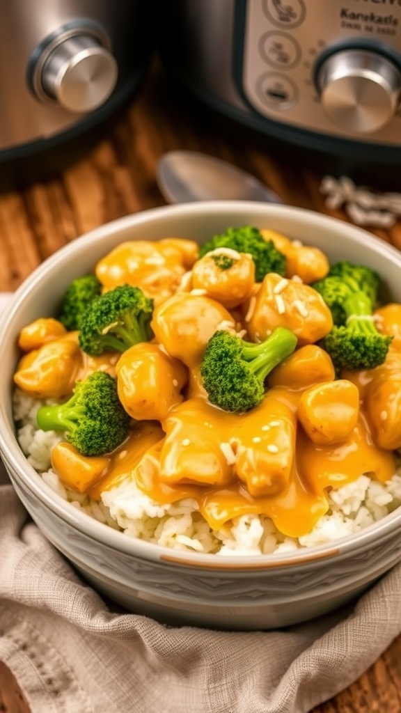 A bowl of cheesy chicken and broccoli served over rice, topped with melted cheese, in a cozy kitchen.