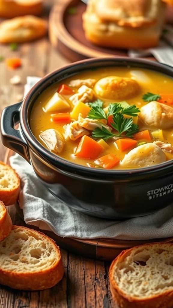 A comforting bowl of chicken pot pie soup with vegetables and biscuit pieces, garnished with parsley, ready to be served.