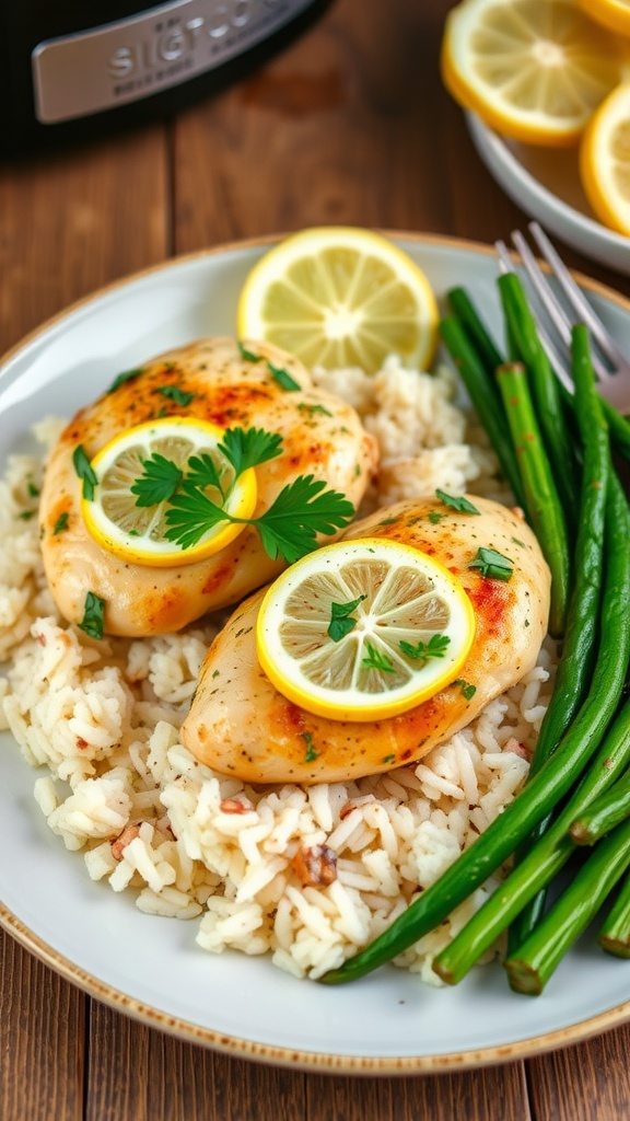 Plate of savory lemon herb chicken with rice and vegetables, garnished with parsley and lemon slices.