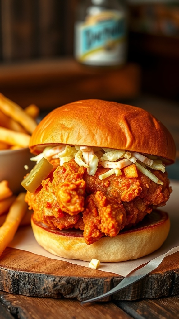 Spicy Nashville hot chicken sandwich with crispy chicken, pickles, and coleslaw on a bun, served with fries.