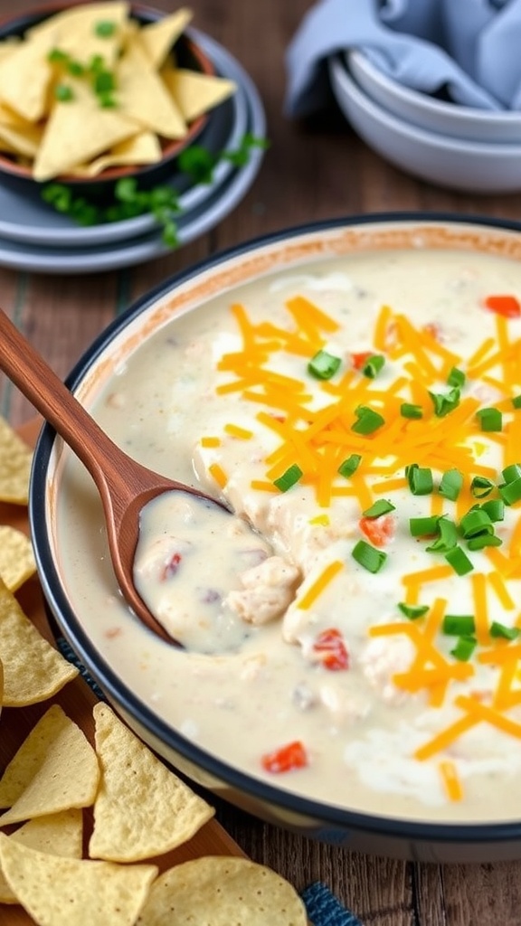 Creamy white chicken chili dip in a baking dish, with melted cheese and tortilla chips.