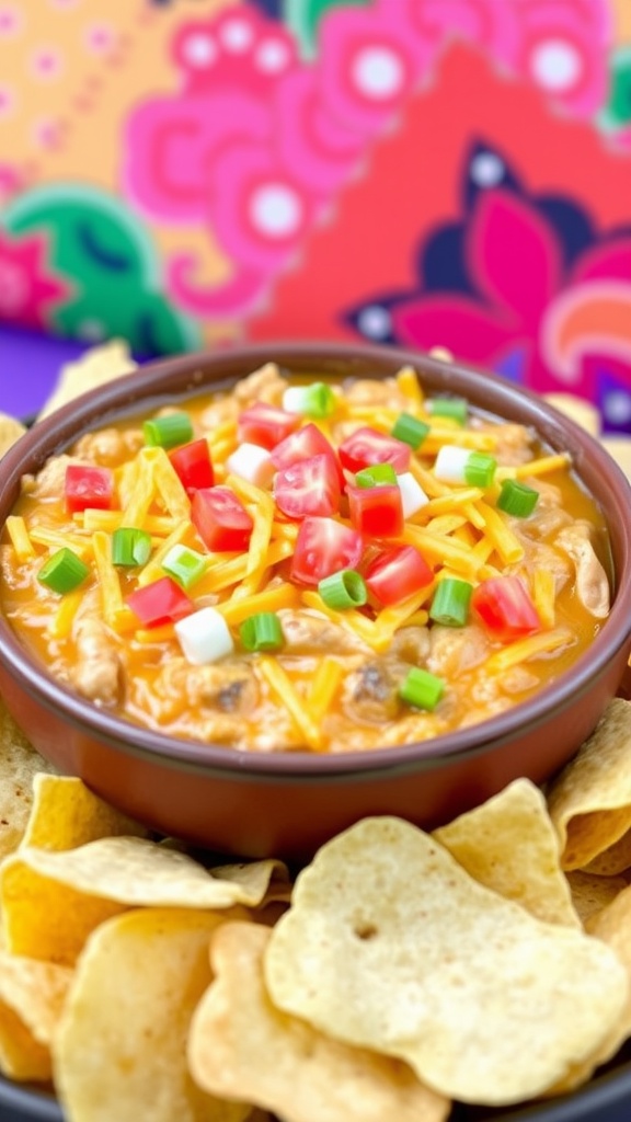 Zesty southwest chicken dip in a bowl with tortilla chips on the side, garnished with tomatoes and green onions.