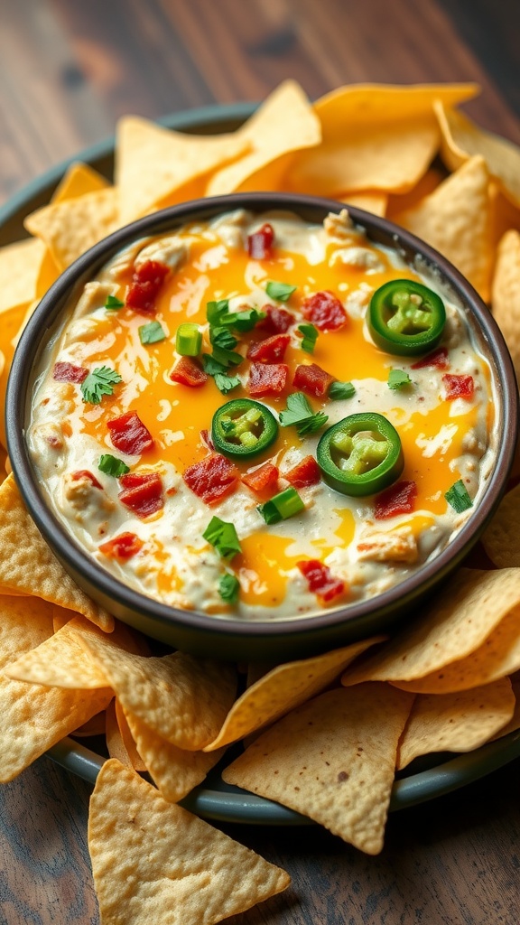 Creamy jalapeno popper chicken dip topped with cheese and bacon, with tortilla chips for serving.