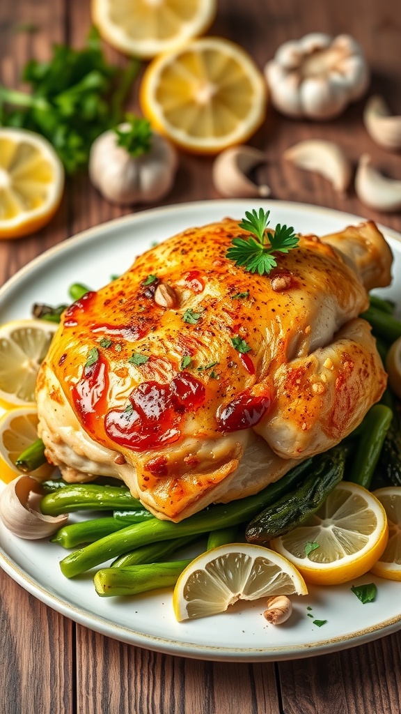 Crispy lemon garlic chicken thigh on a plate with roasted vegetables and lemon garnish.