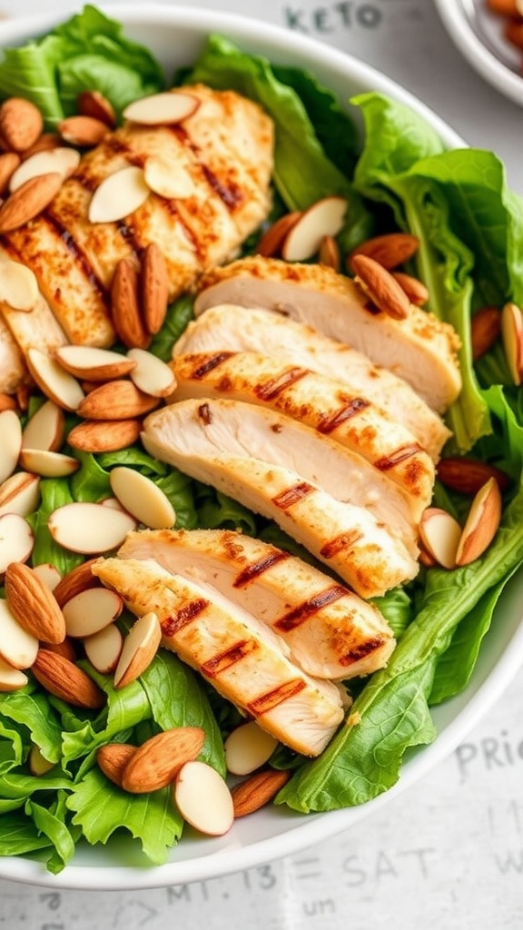 A bowl of almond crusted keto chicken salad featuring grilled chicken, almonds, and leafy greens.