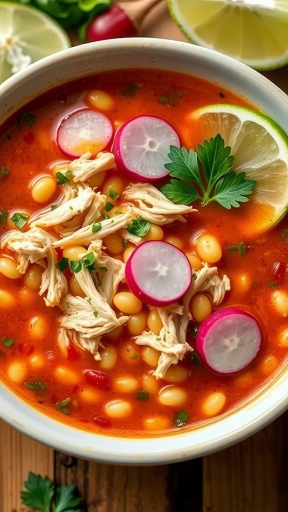 A bowl of Chicken Pozole Rojo with radishes and lime