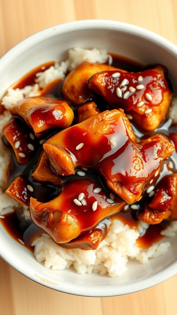 A bowl of chicken teriyaki over steamed rice, garnished with sesame seeds.