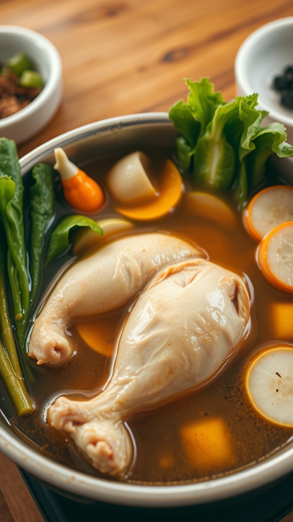 A bowl of Japanese chicken hot pot with chicken legs and fresh vegetables