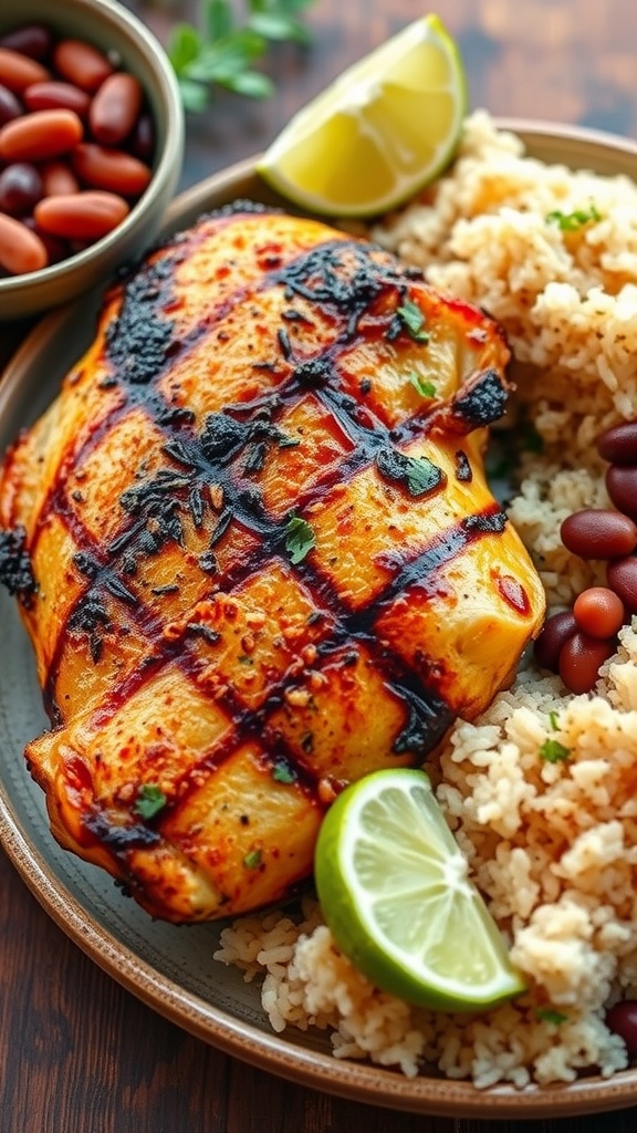 Grilled chicken served with rice, beans, and lime wedges.