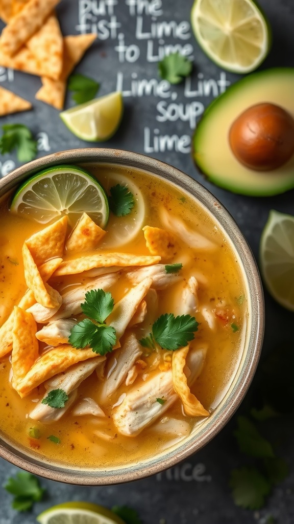 A bowl of authentic Sopa de Lima with tortilla strips, lime, and cilantro